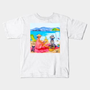 Girl and dogs on the beach, pencil drawing Kids T-Shirt